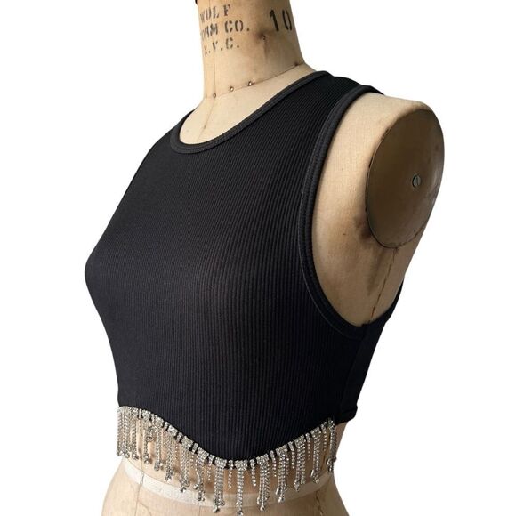 Black Ribbed Crop Top with Rhinestone Fringe Size S - Picture 3 of 4